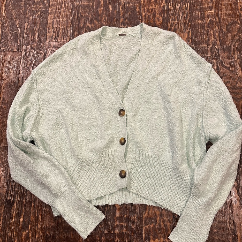 Free People Mint Green Bouclé Button-Up Cardigan - Picture 1 of 8